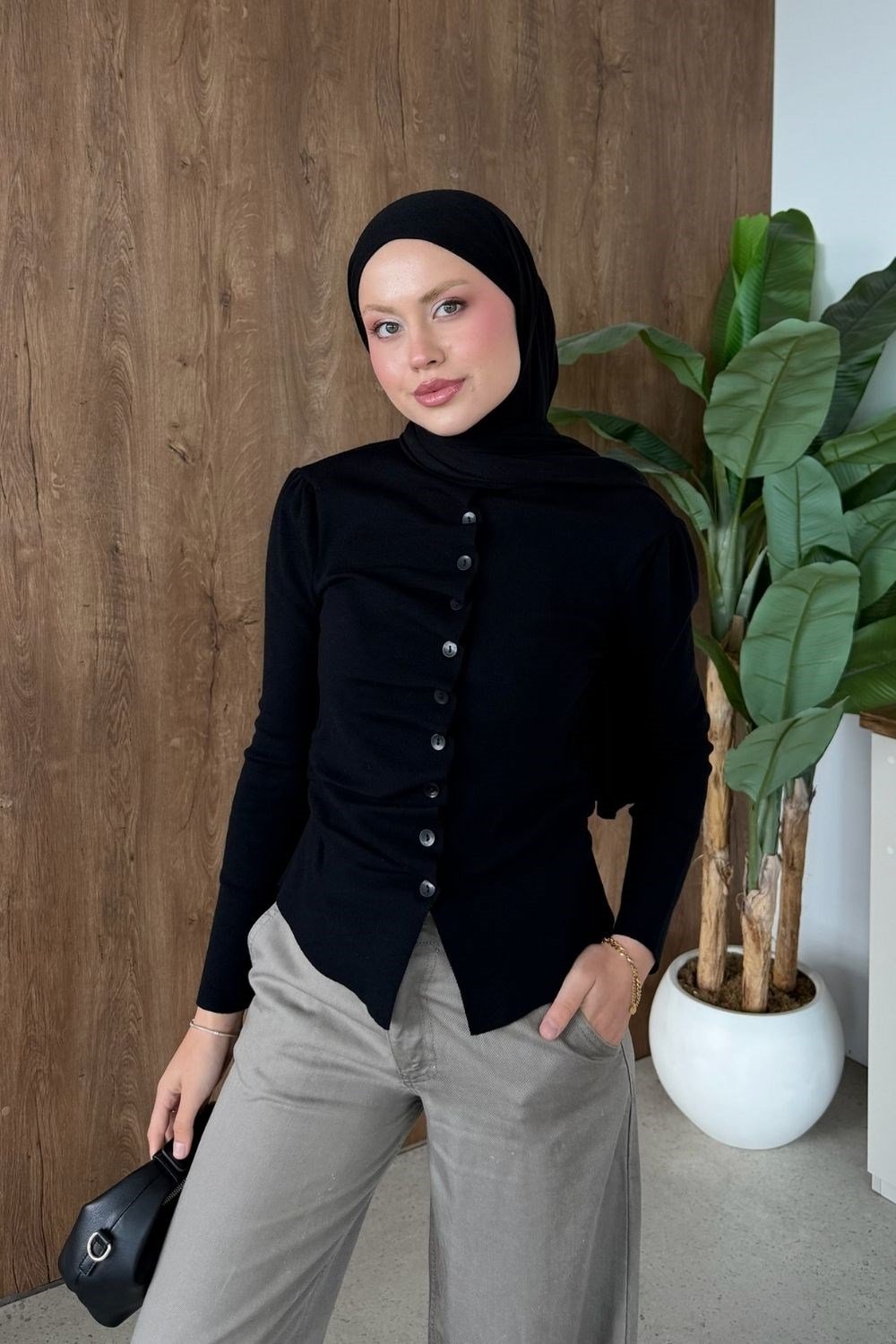 Turkuaz Büzgü Düğmeli Hırka Siyah 26236 