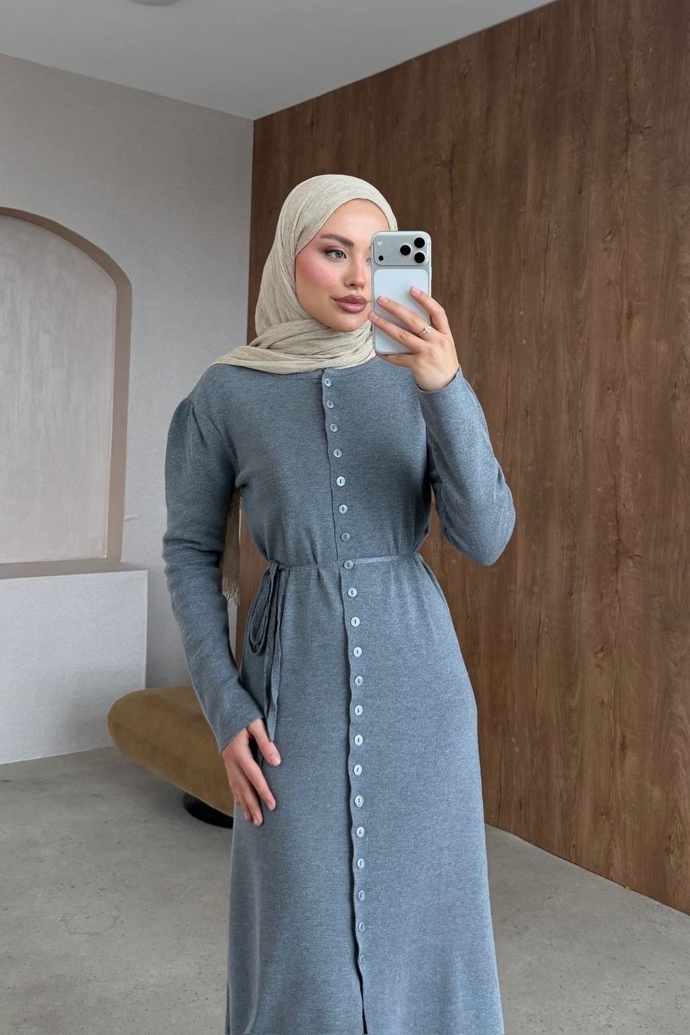Düğmeli Uzun Hırka Gri 26242 