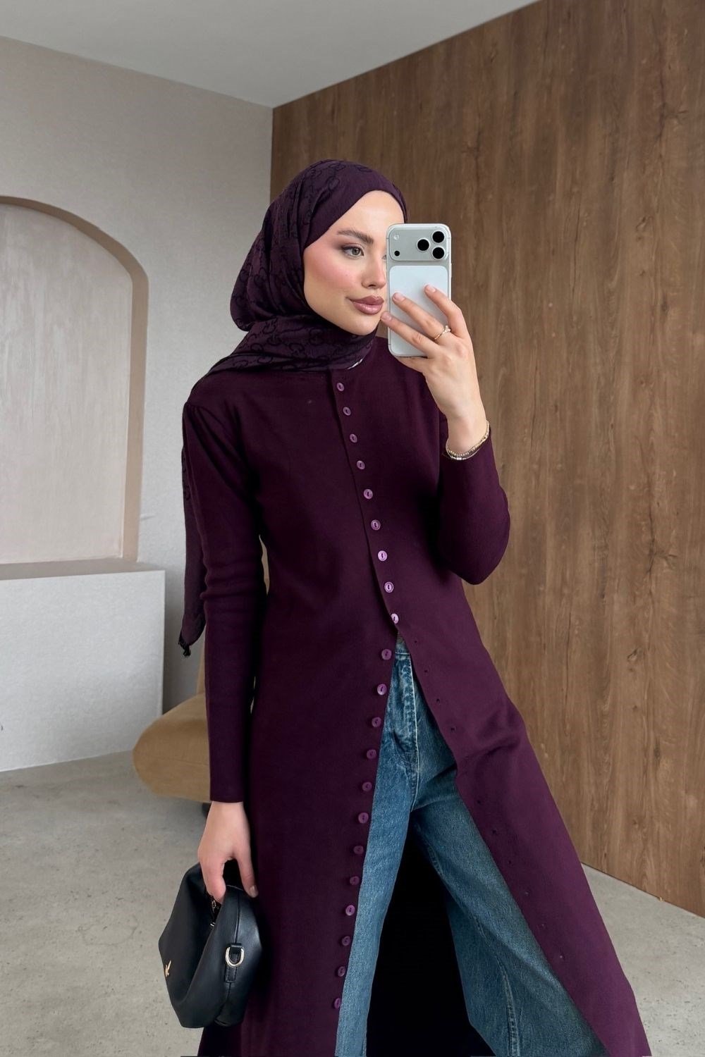 Düğmeli Uzun Hırka Mürdüm 26242 