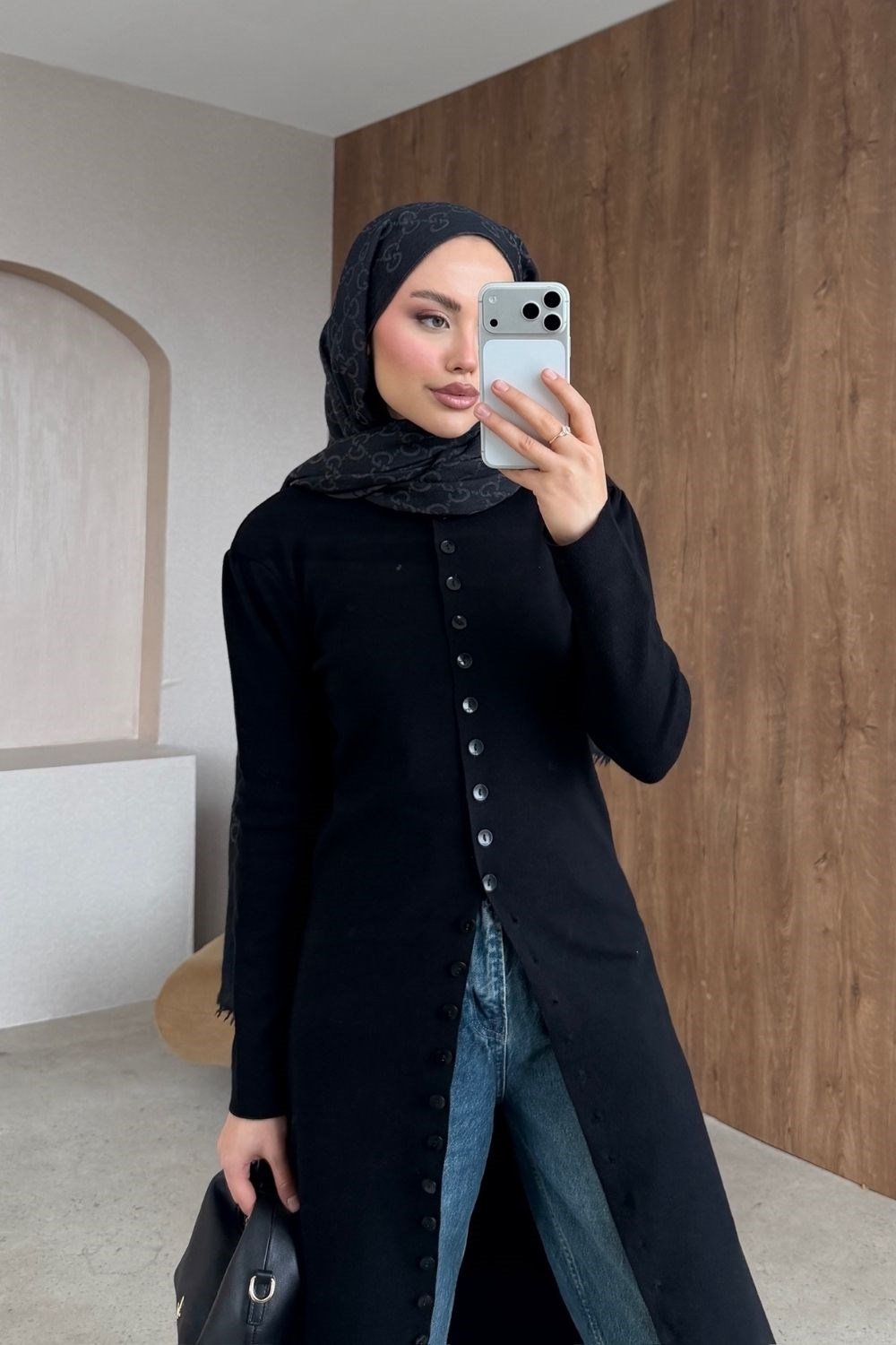 Düğmeli Uzun Hırka Siyah 26242 