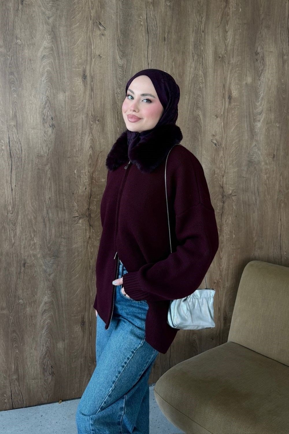 Julie Kürk Yaka Hırka Bordo 26248 