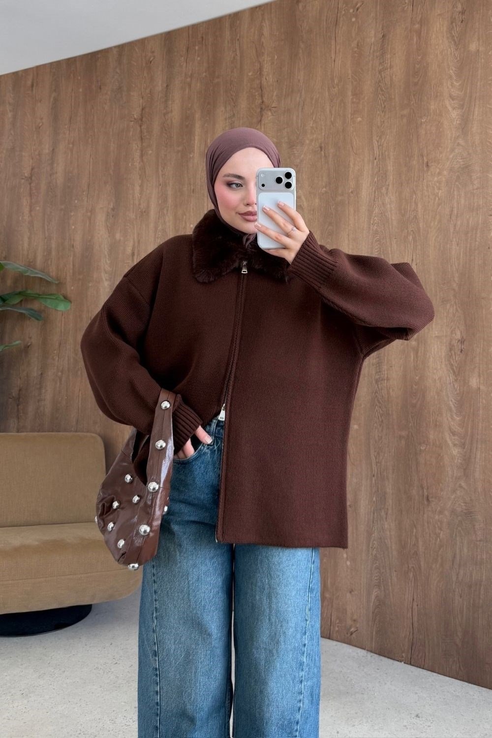 Julie Kürk Yaka Hırka Kahverengi 26248 