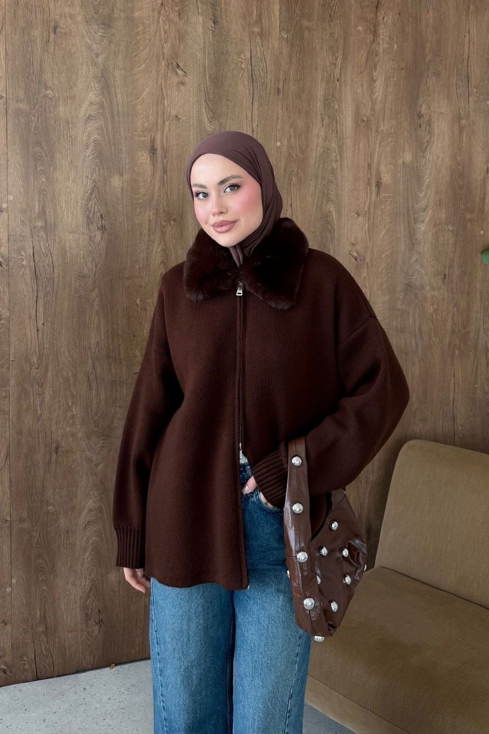 Julie Kürk Yaka Hırka Kahverengi 26248 