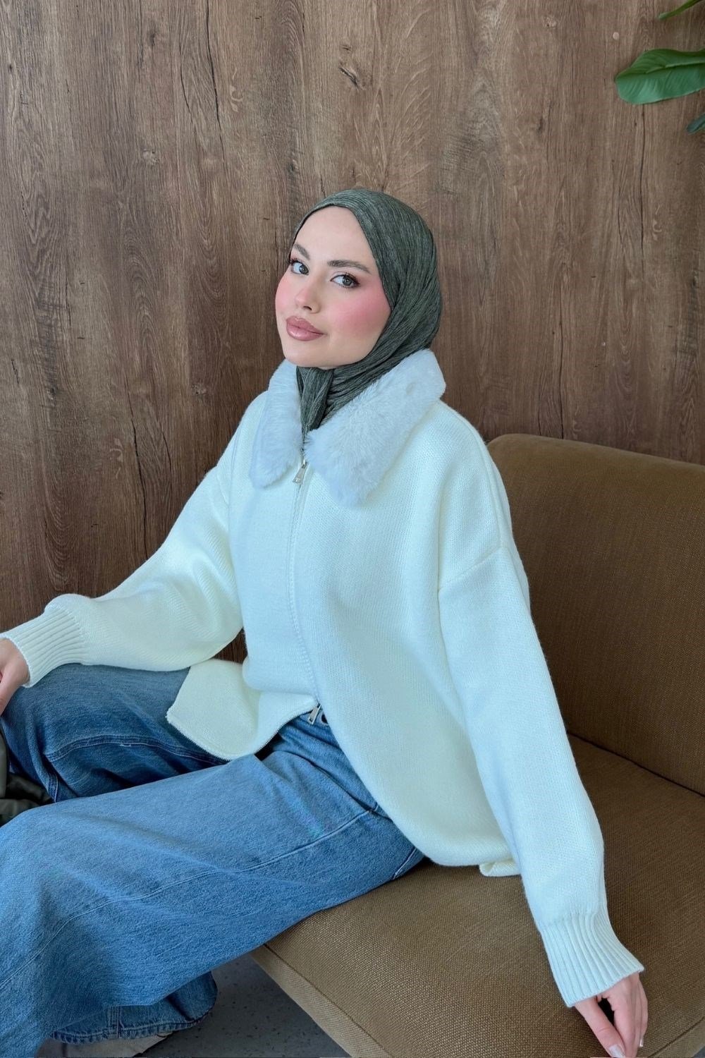 Julie Kürk Yaka Hırka Krem 26248 