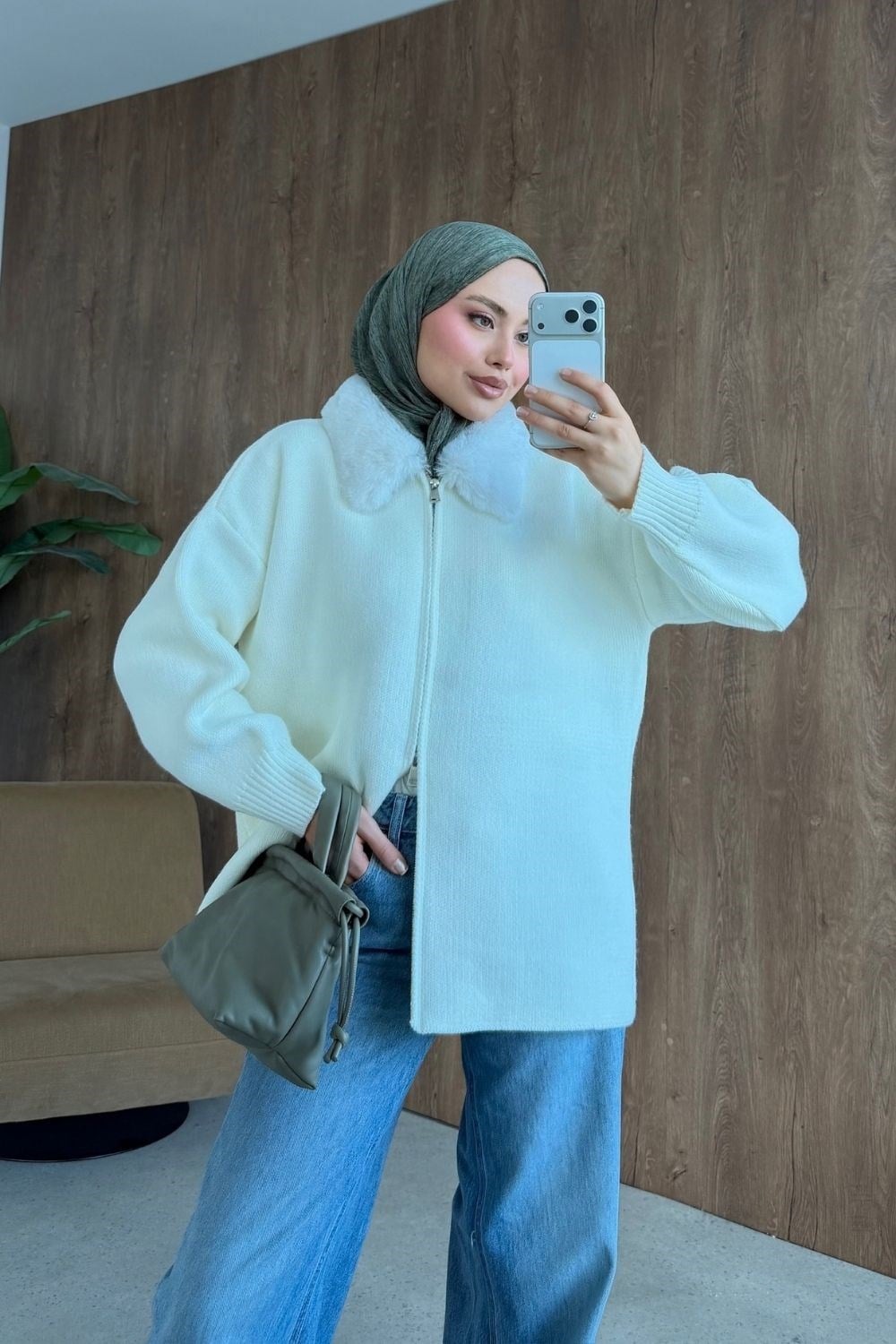 Julie Kürk Yaka Hırka Krem 26248 