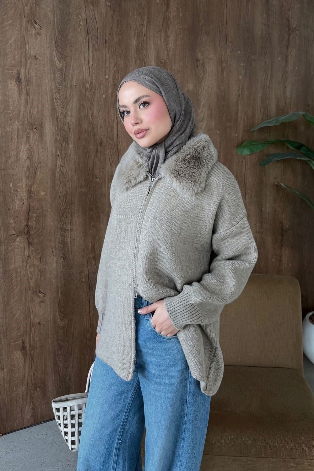 Julie Kürk Yaka Hırka Vizon 26248 