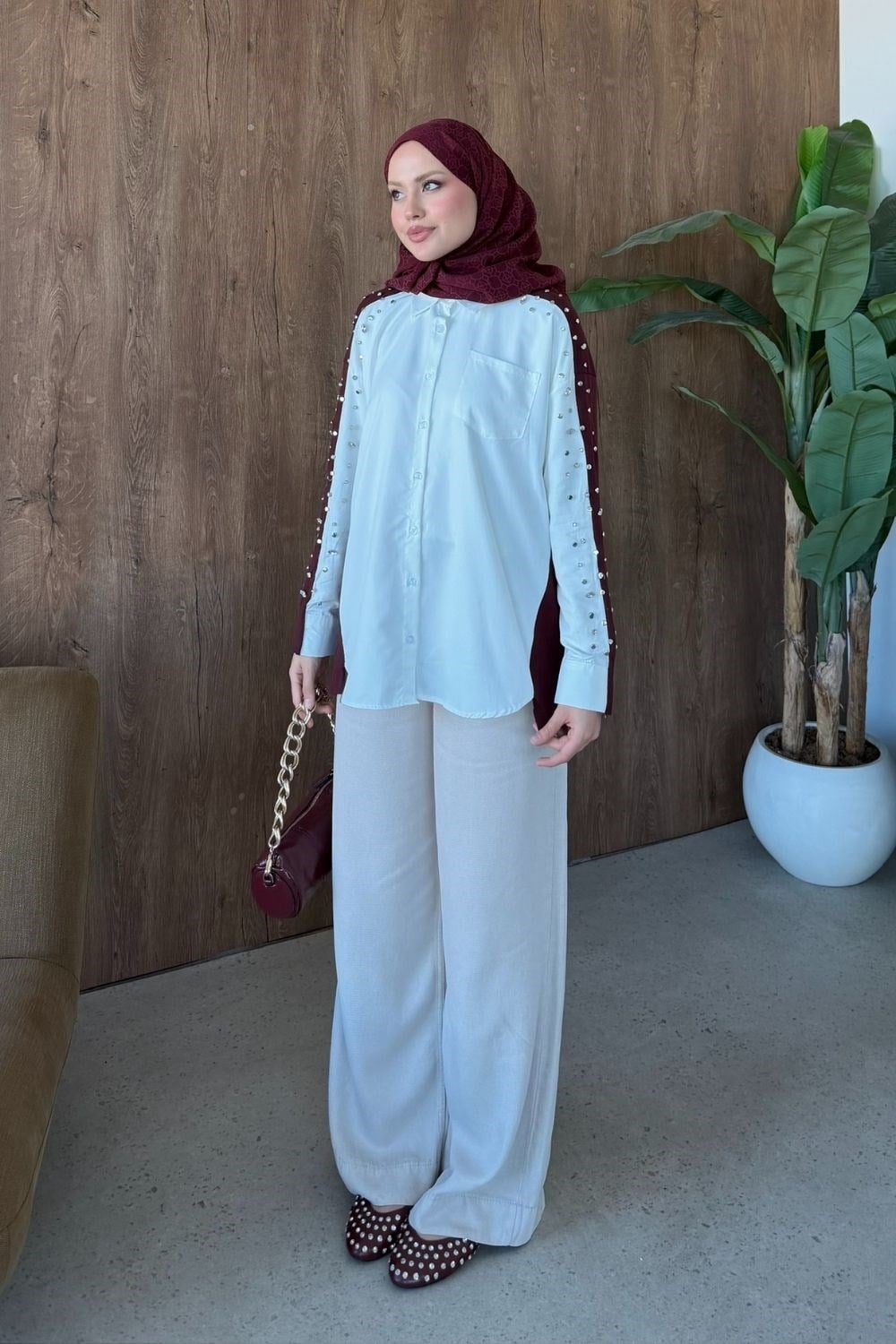 Taşlı Triko Detay Gömlek Bordo 26256 
