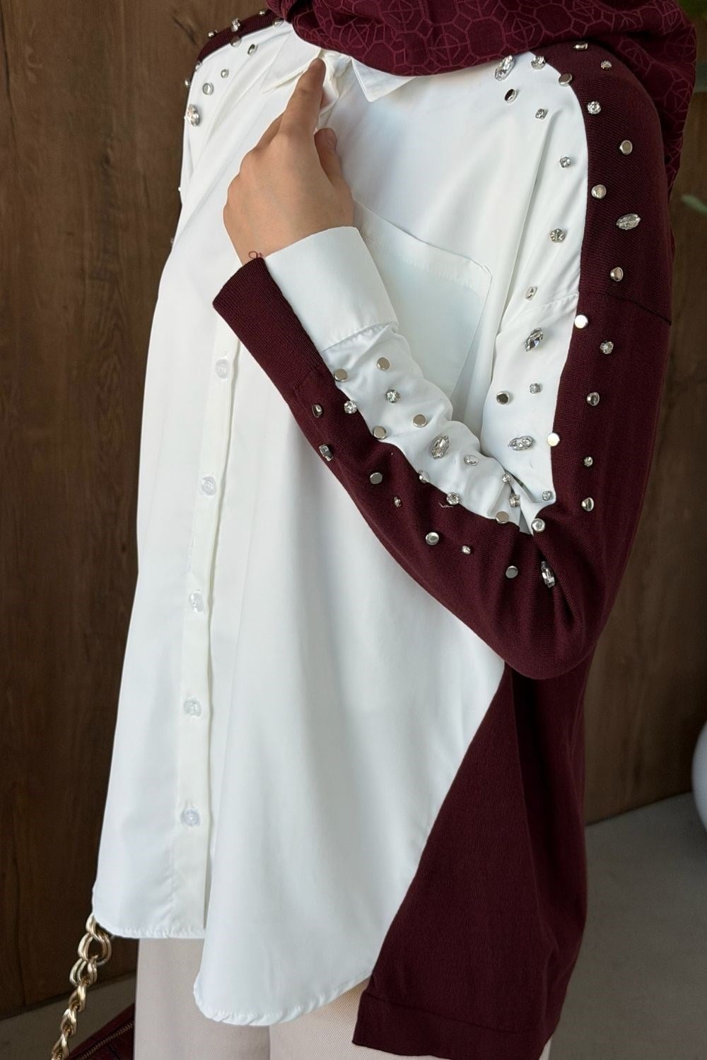 Taşlı Triko Detay Gömlek Bordo 26256 
