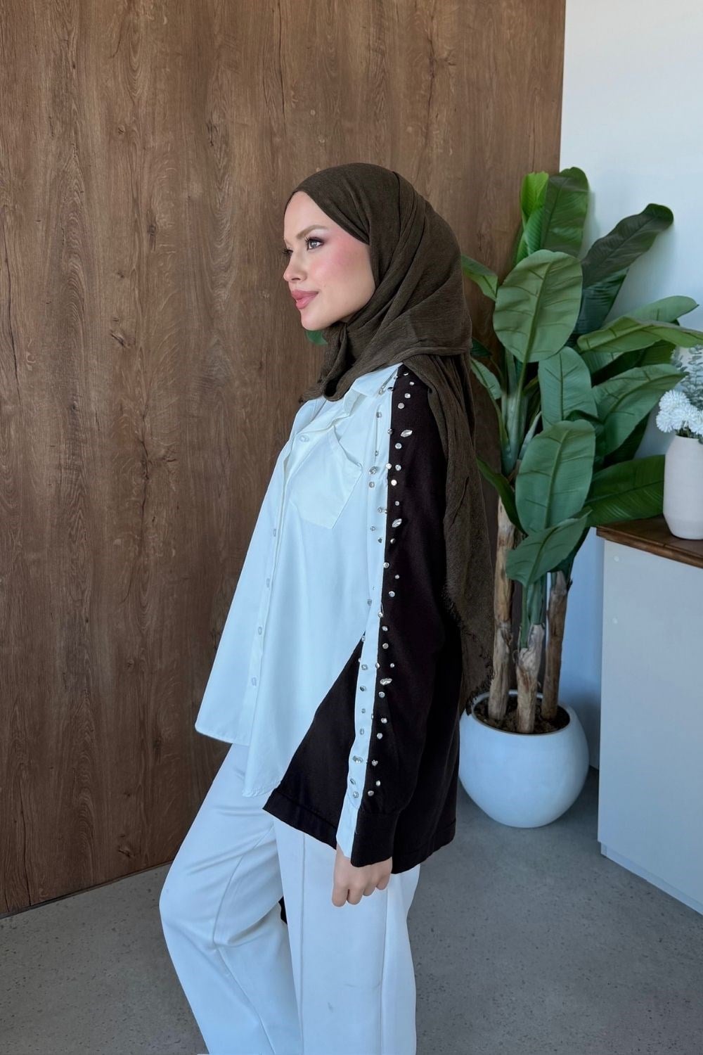 Taşlı Triko Detay Gömlek Kahverengi 26256 