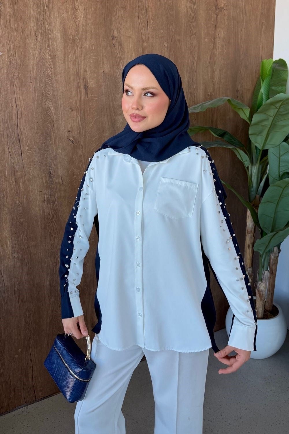 Taşlı Triko Detay Gömlek Lacivert 26256 
