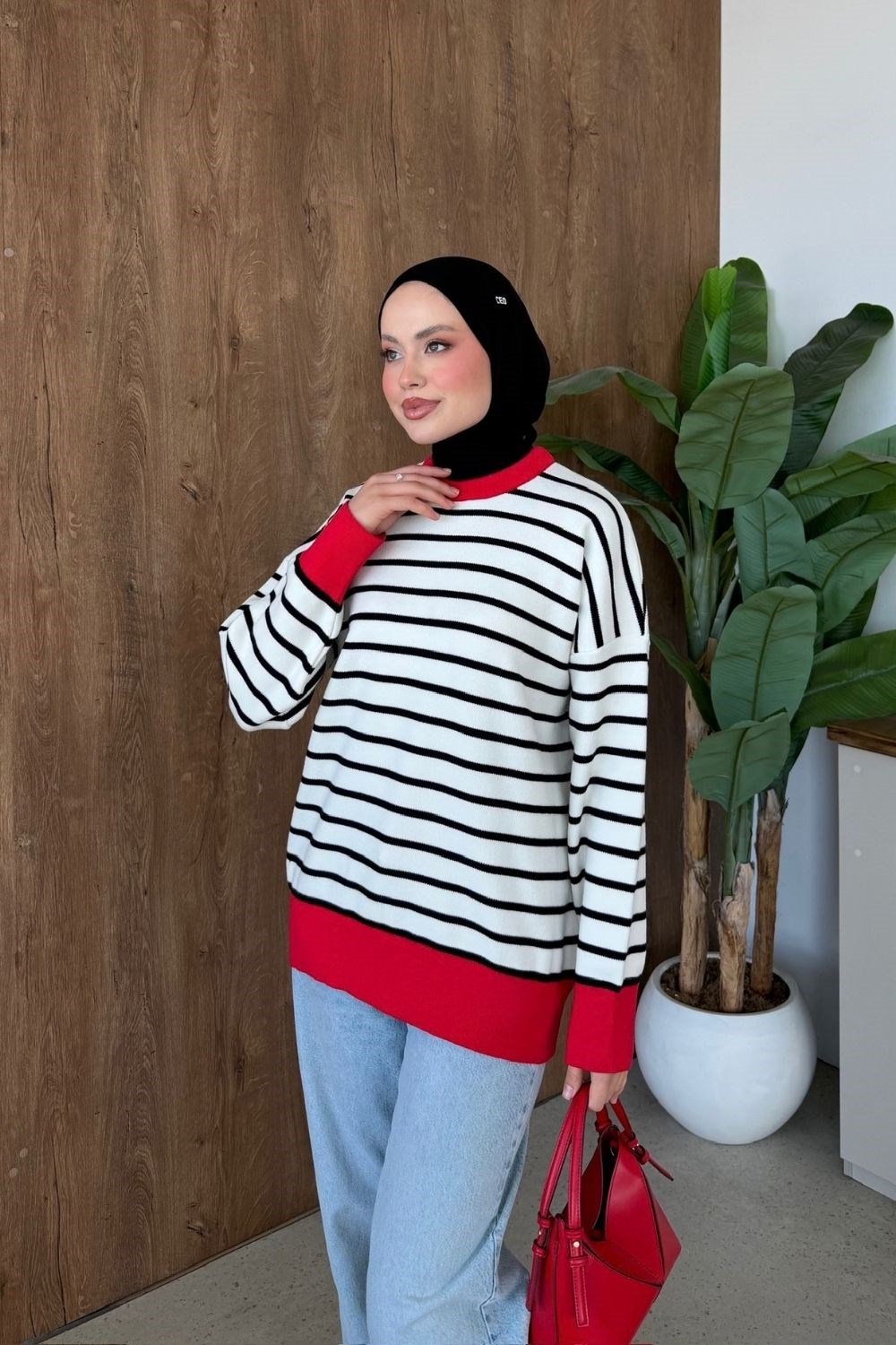 Bisiklet Yaka Çizgili Kazak Kırmızı 26284 