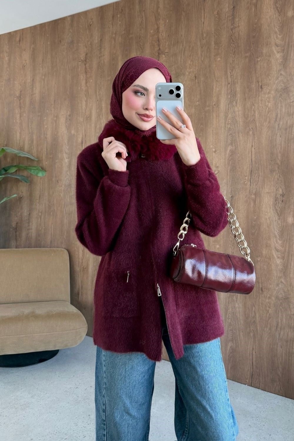 Filiz Soft Touch Kürk Yakalı Ceket Bordo 2640 