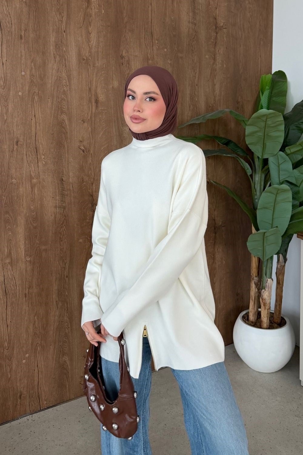 Fermuar Detaylı Salaş Tunik Ekru 2670 
