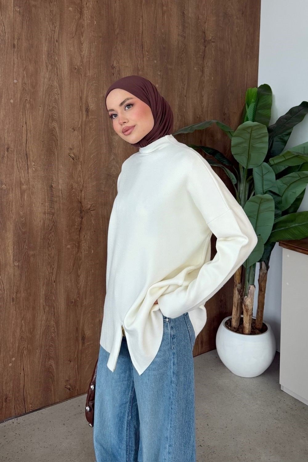 Fermuar Detaylı Salaş Tunik Ekru 2670 