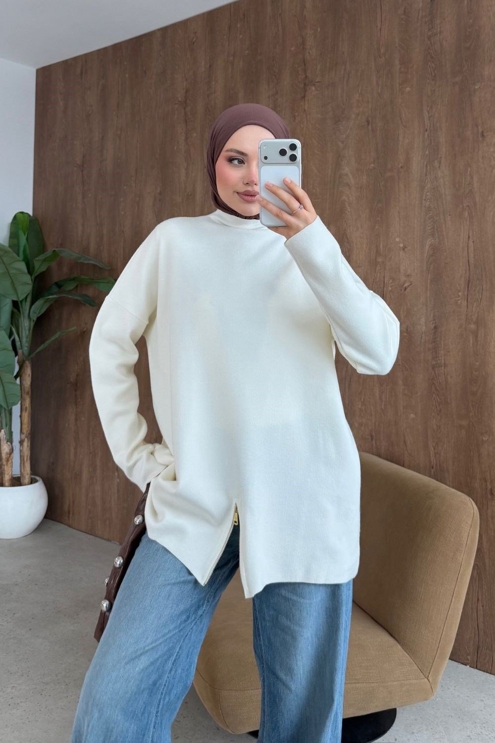 Fermuar Detaylı Salaş Tunik Ekru 2670 
