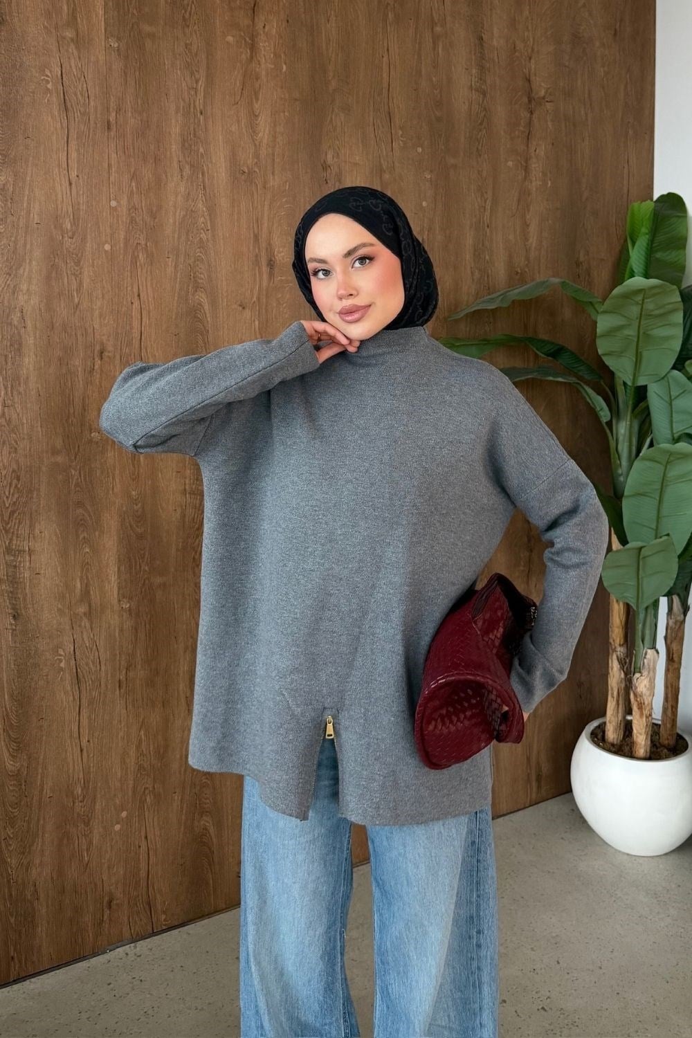 Fermuar Detaylı Salaş Tunik Gri 2670 
