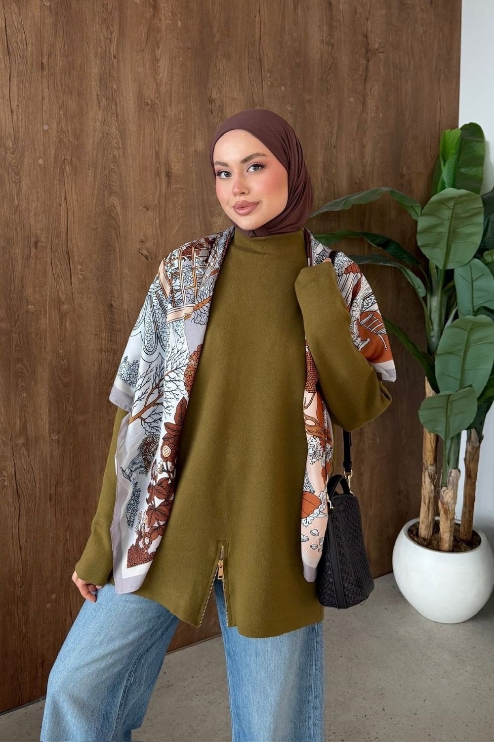 Fermuar Detaylı Salaş Tunik Yağ Yeşili 2670 