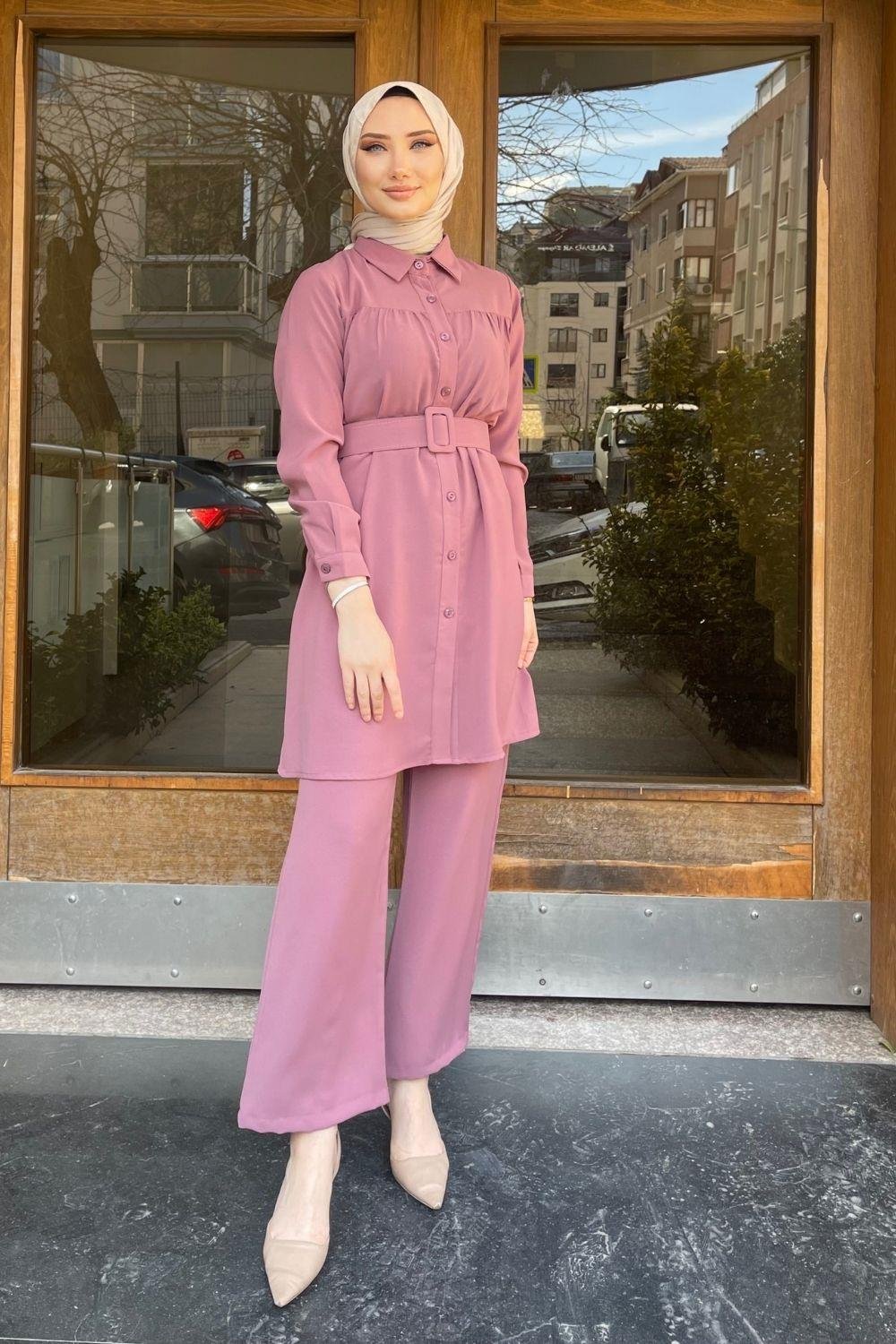 Kemerli Ayrobin Pantolonlu Takım Pudra 2760 