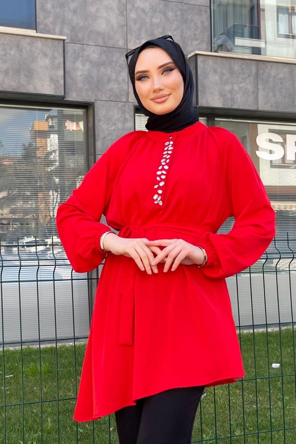 Önü Taşlı Asimetrik Tunik Kırmızı 2827 
