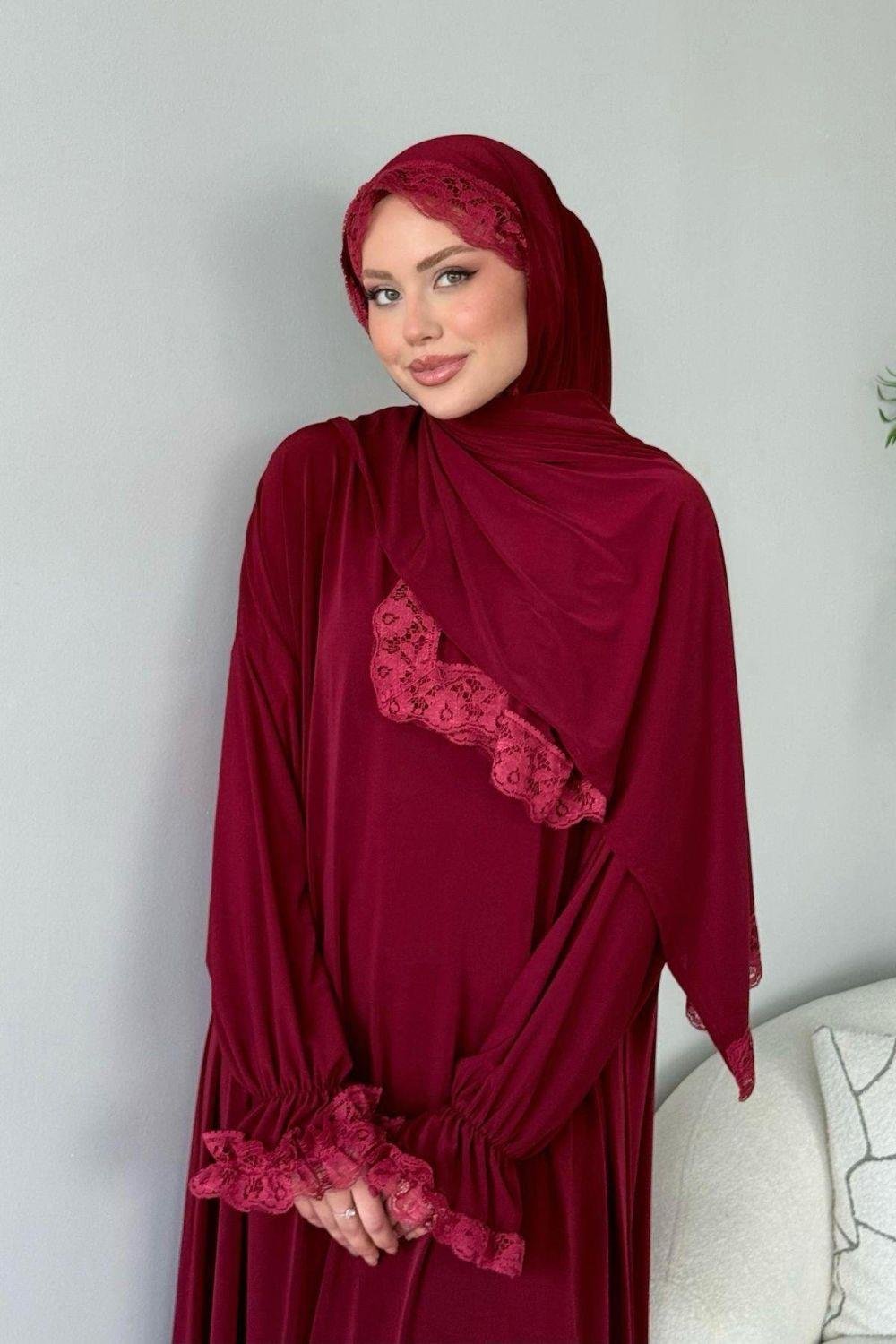 Kendinden Şallı Namaz  Elbise Bordo 2912 