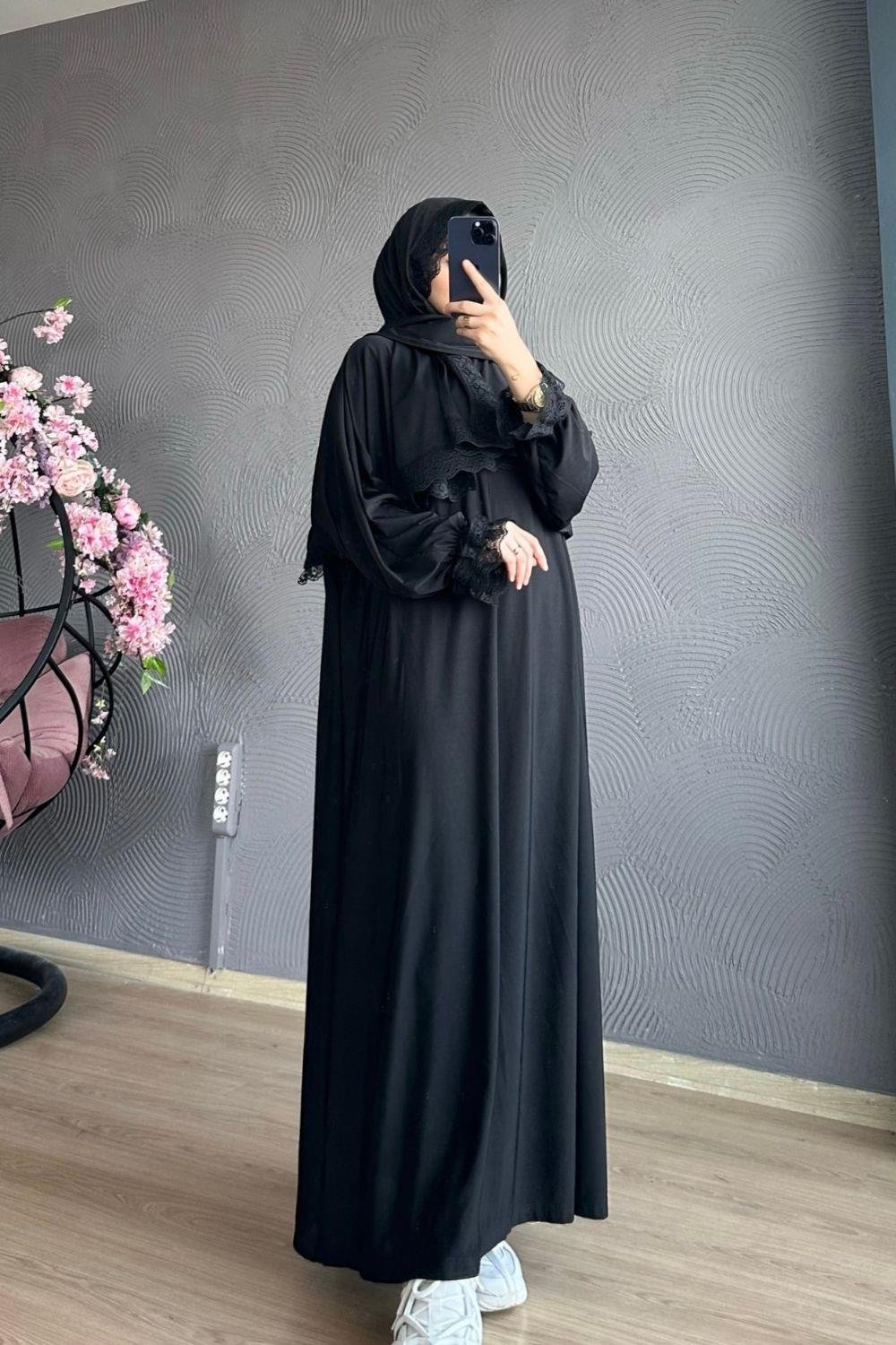 Kendinden Şallı Namaz  Elbise Siyah 2912 