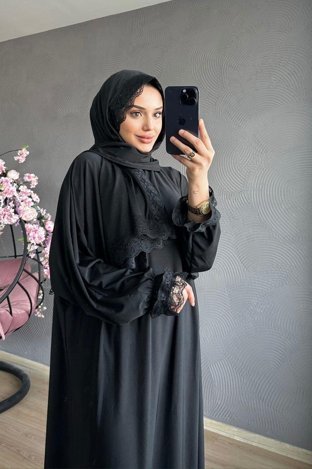 Kendinden Şallı Namaz  Elbise Siyah 2912 