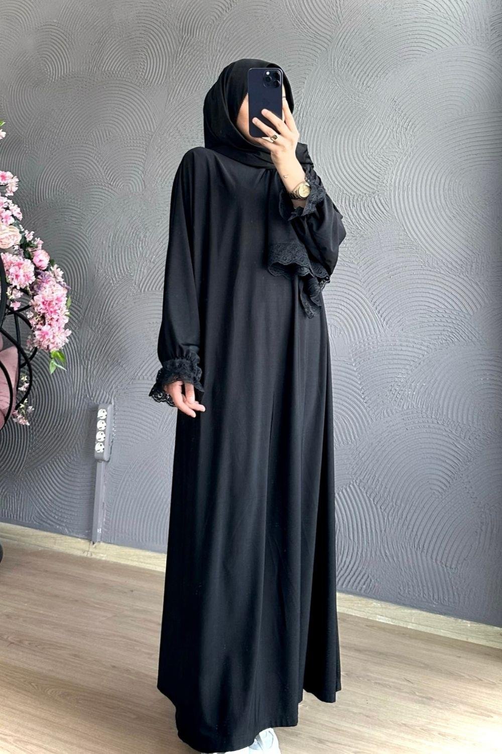 Kendinden Şallı Namaz  Elbise Siyah 2912 