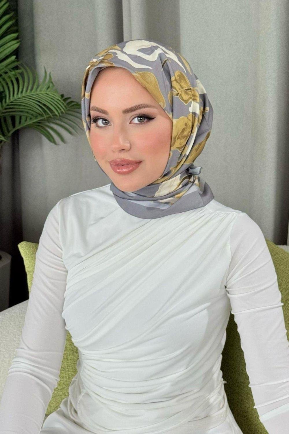 Dijital Desenli Eşarp Gri 30040 