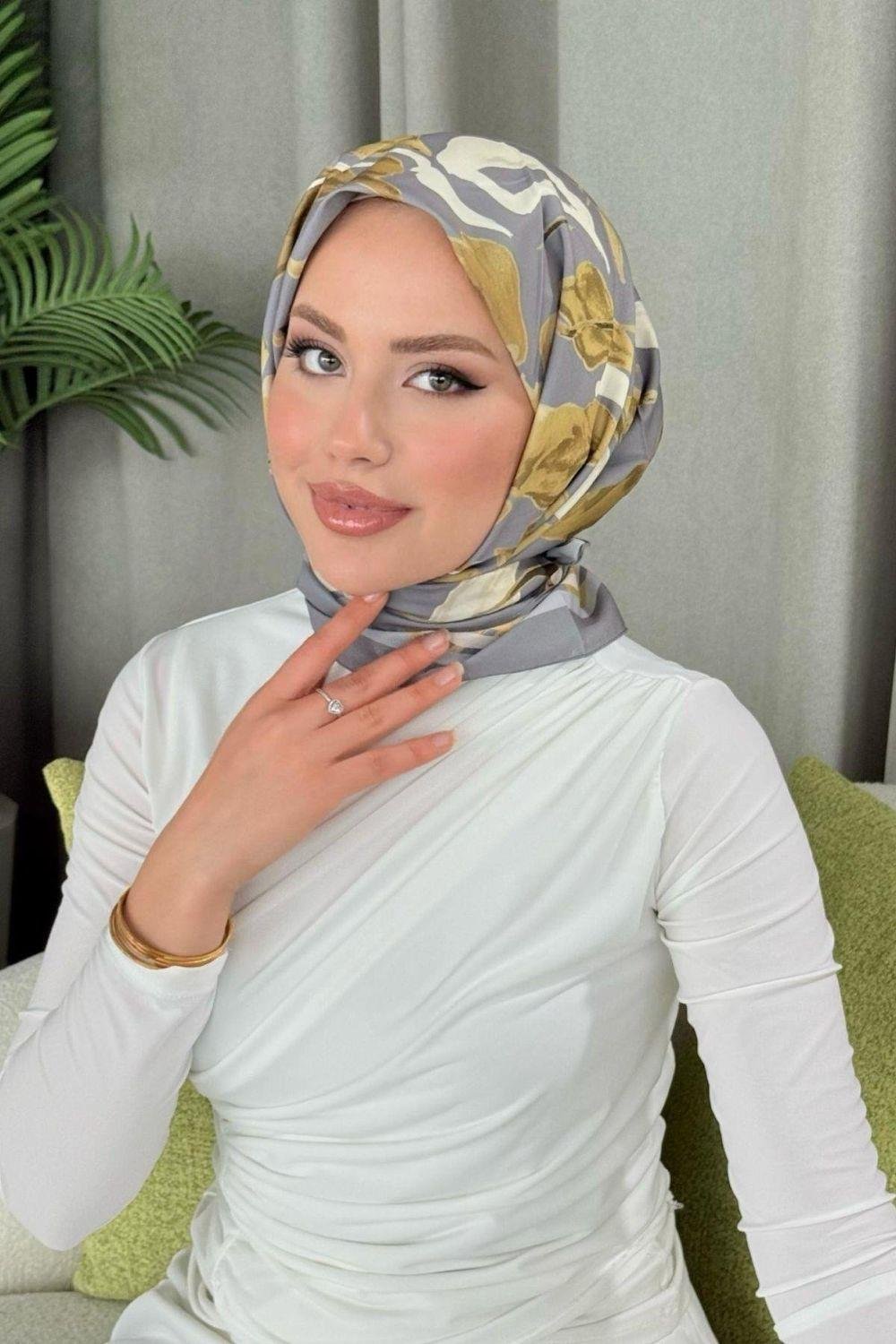 Dijital Desenli Eşarp Gri 30040 