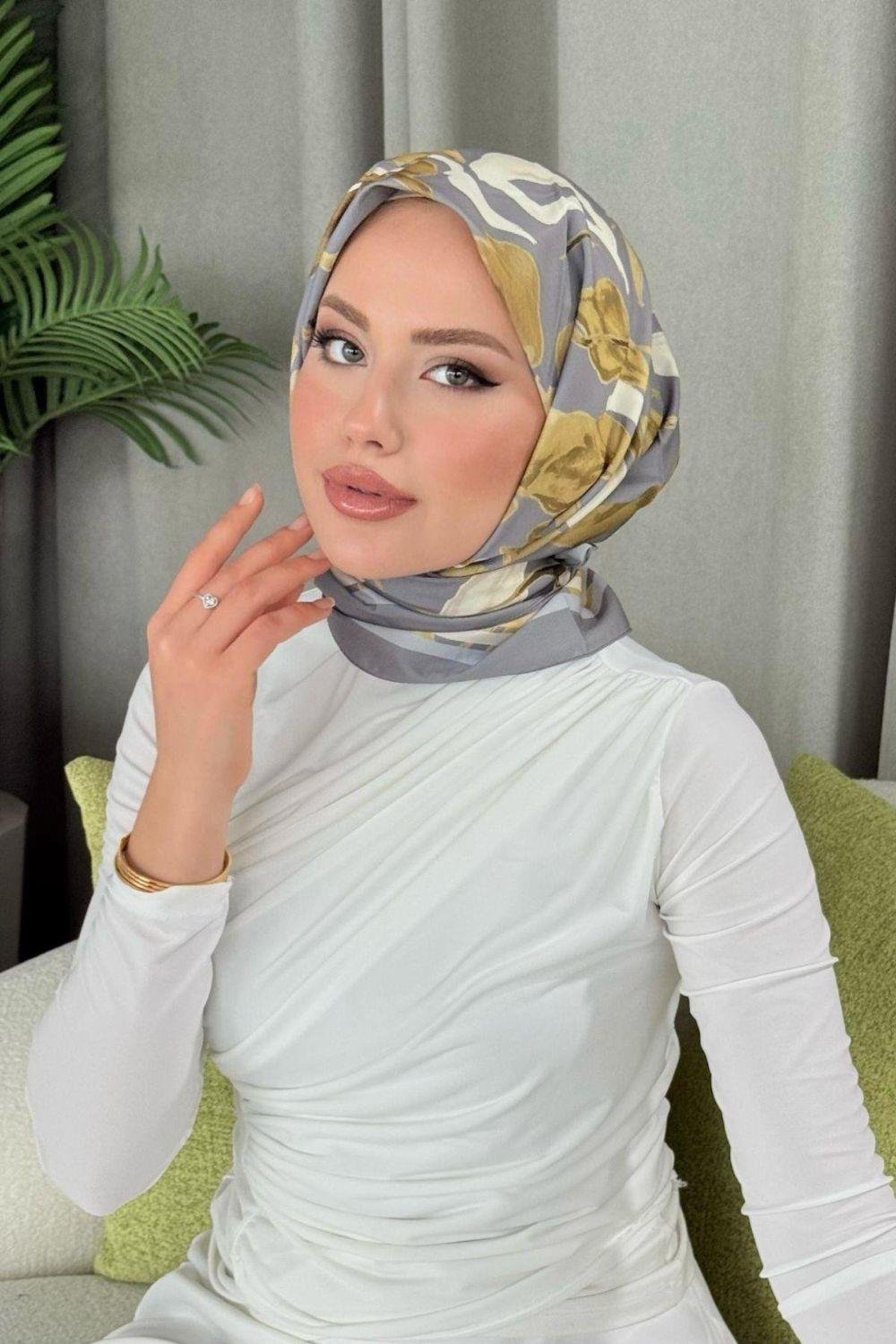 Dijital Desenli Eşarp Gri 30040 