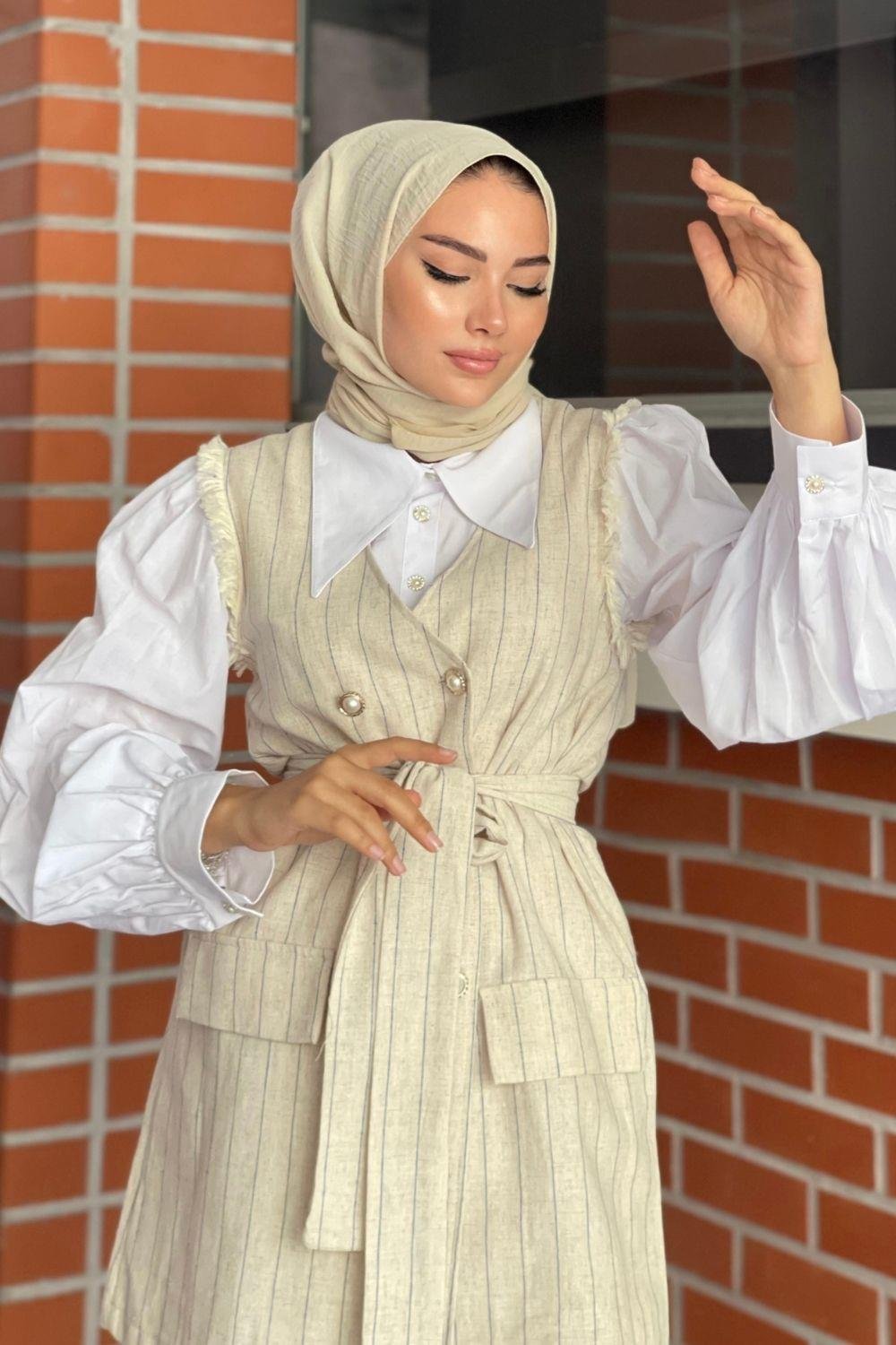 Çizgili Yelekli Keten Takım Mavi 3007 