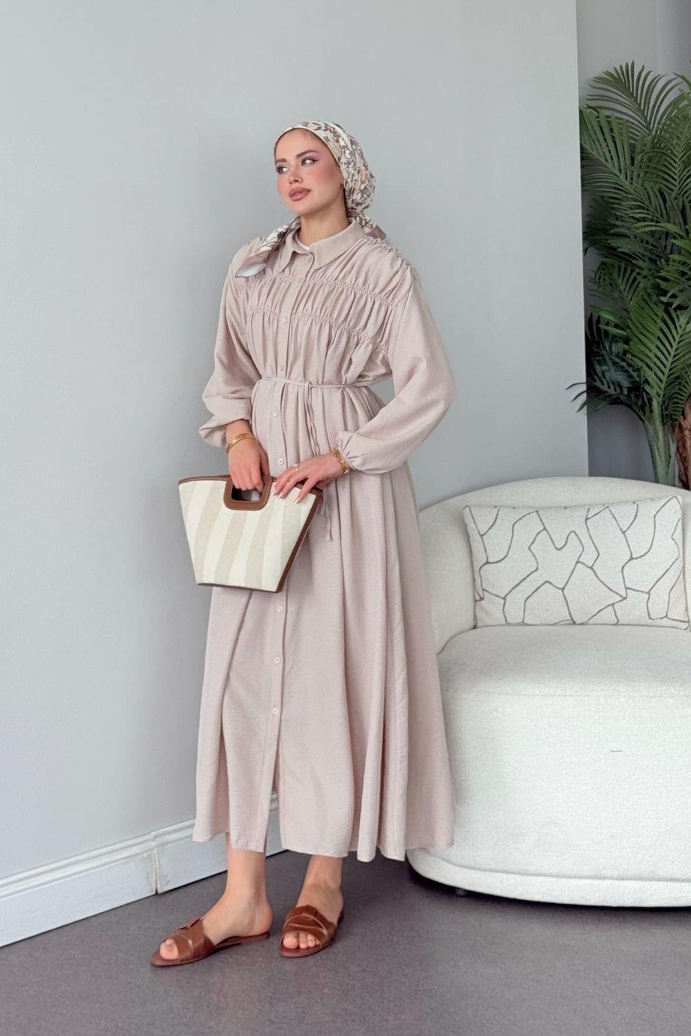 Semiz Gipeli Elbise Bej 30470 