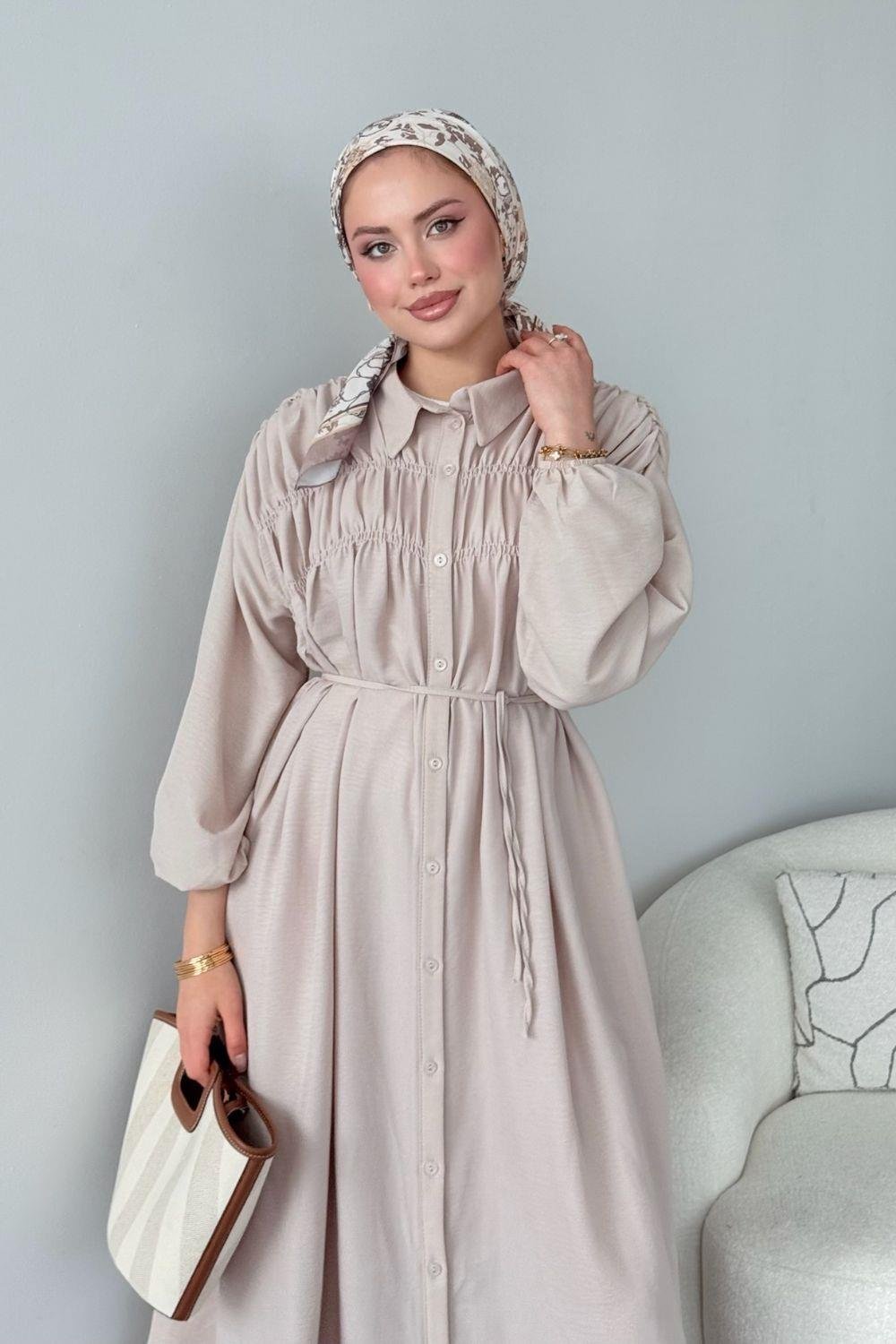 Semiz Gipeli Elbise Bej 30470 