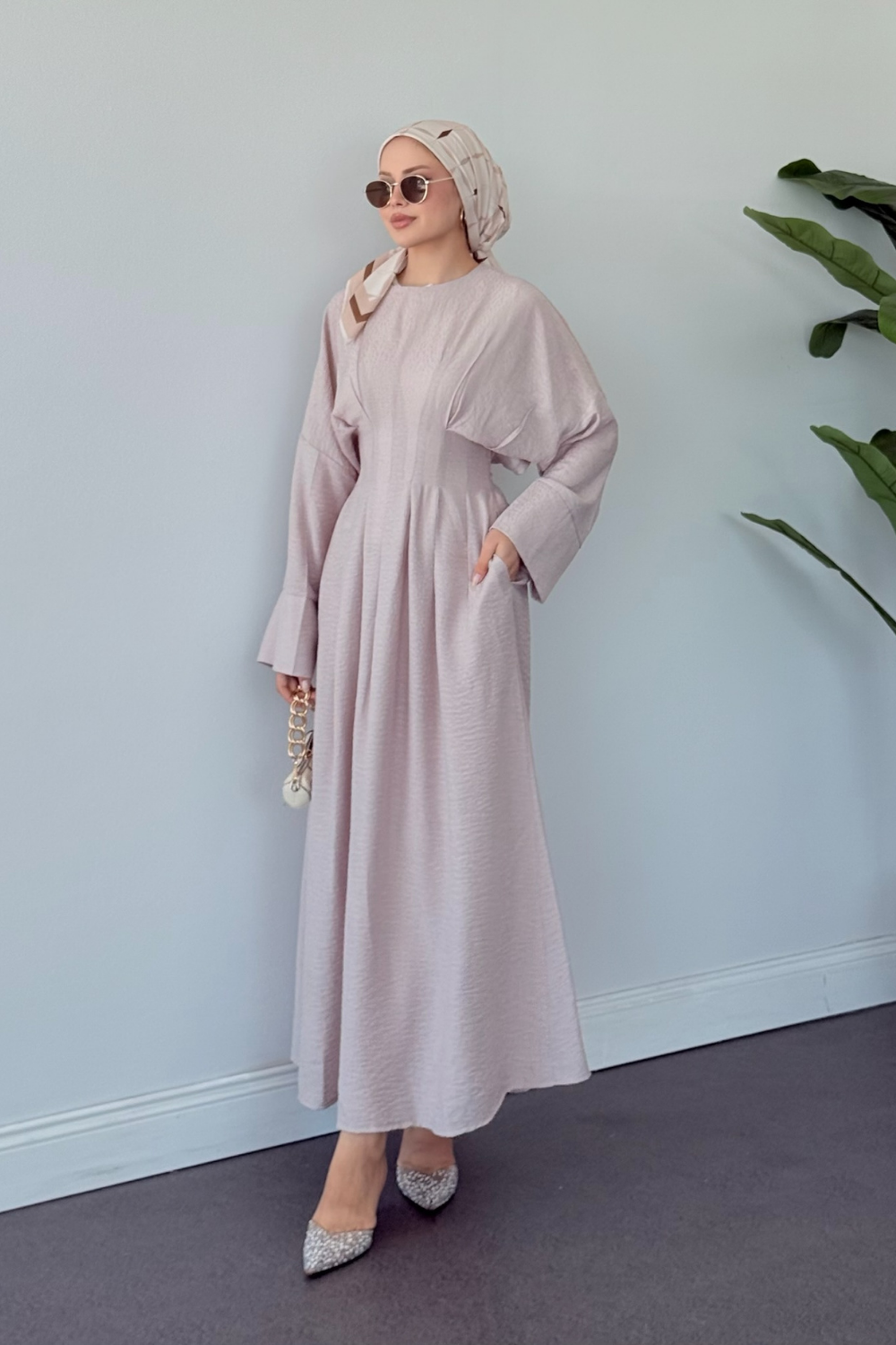 Eyfel Kuşaklı Elbise Bej 3049 