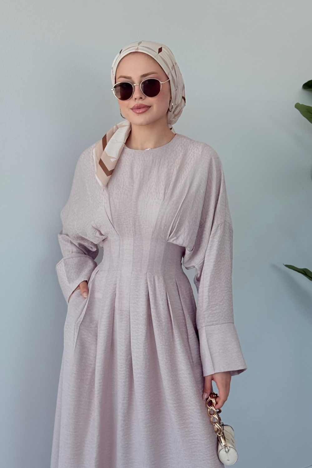 Eyfel Kuşaklı Elbise Bej 3049 