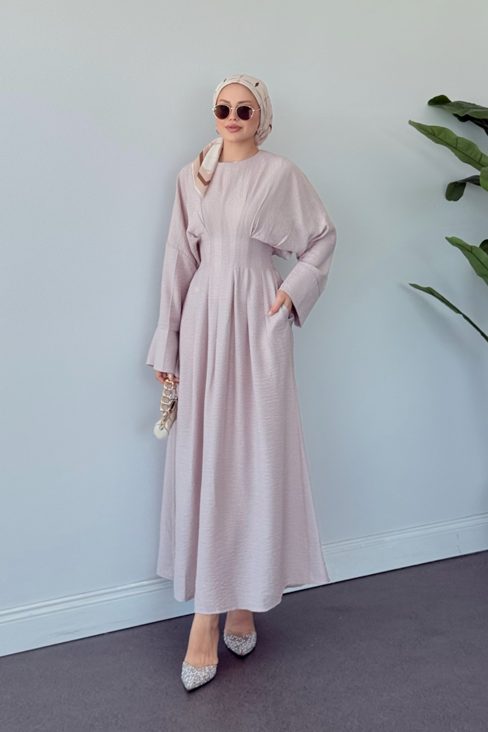 Eyfel Kuşaklı Elbise Bej 3049 