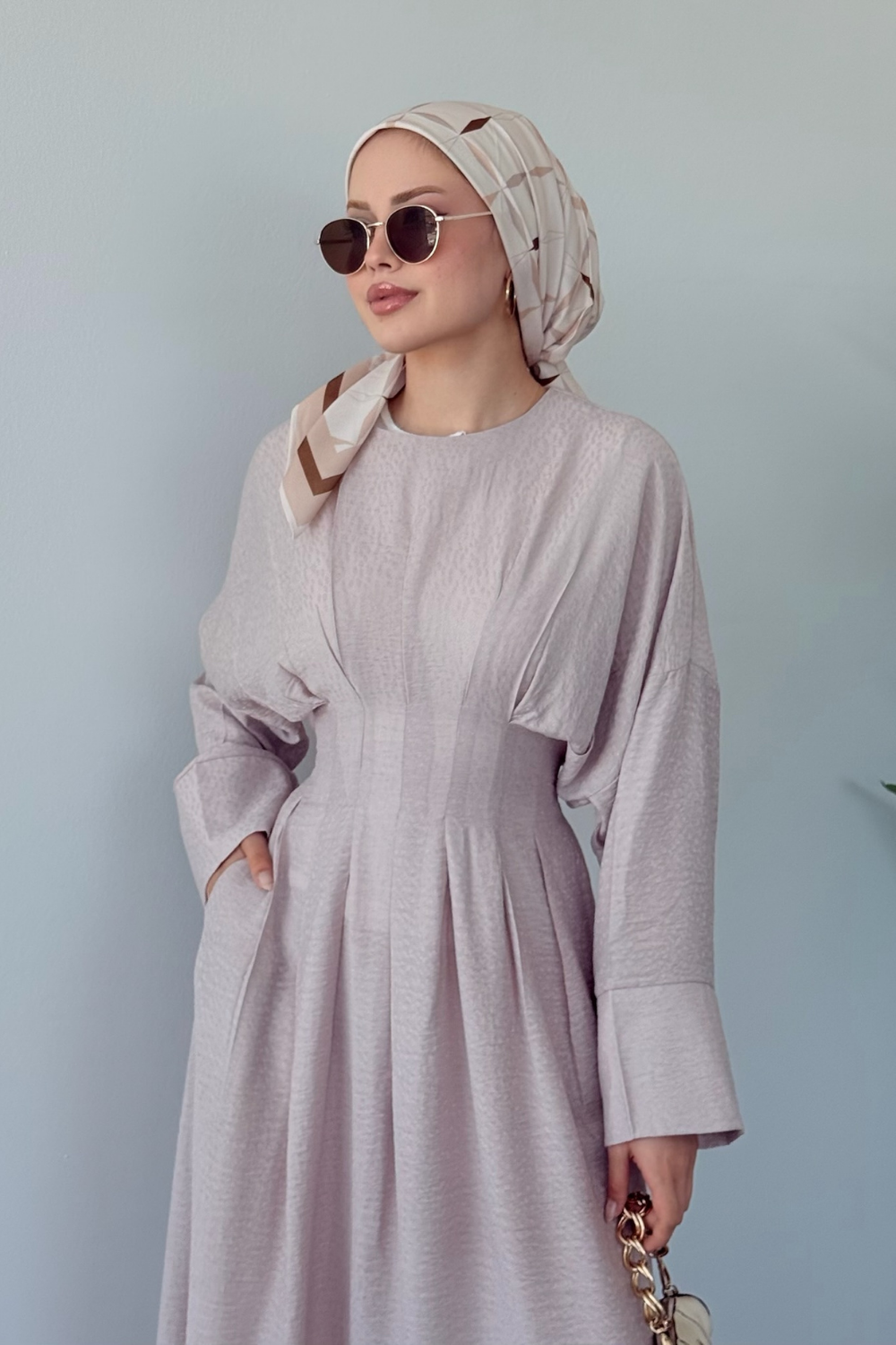 Eyfel Kuşaklı Elbise Bej 3049 