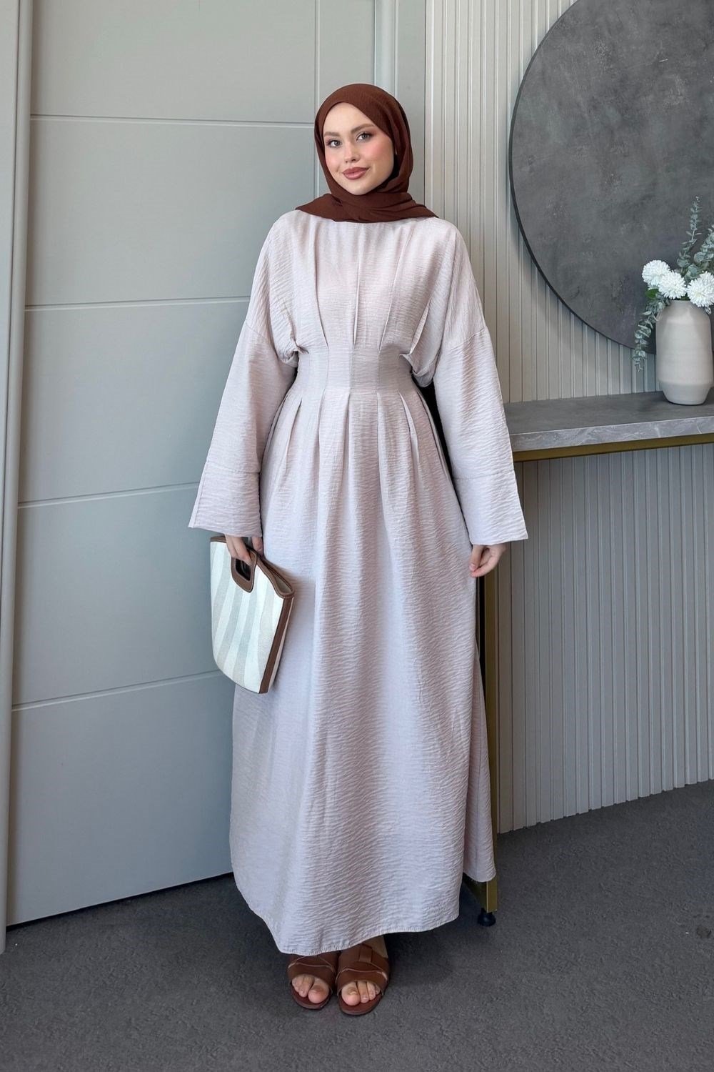 Eyfel Kuşaklı Elbise Bej 3049 