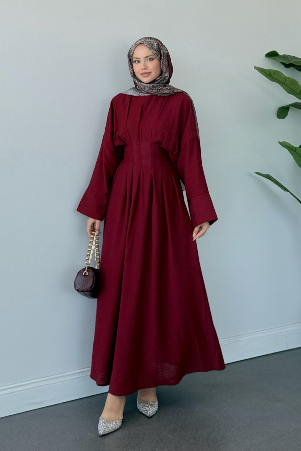 Eyfel Kuşaklı Elbise Bordo 3049 