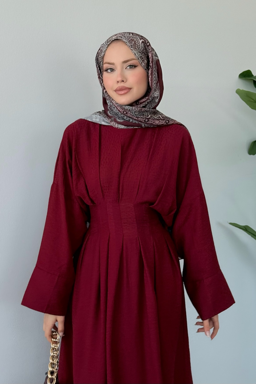 Eyfel Kuşaklı Elbise Bordo 3049 