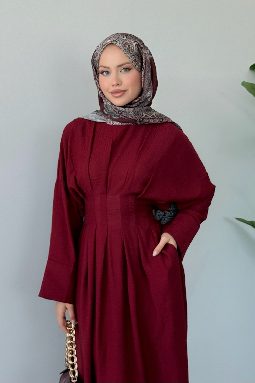Eyfel Kuşaklı Elbise Bordo 3049 