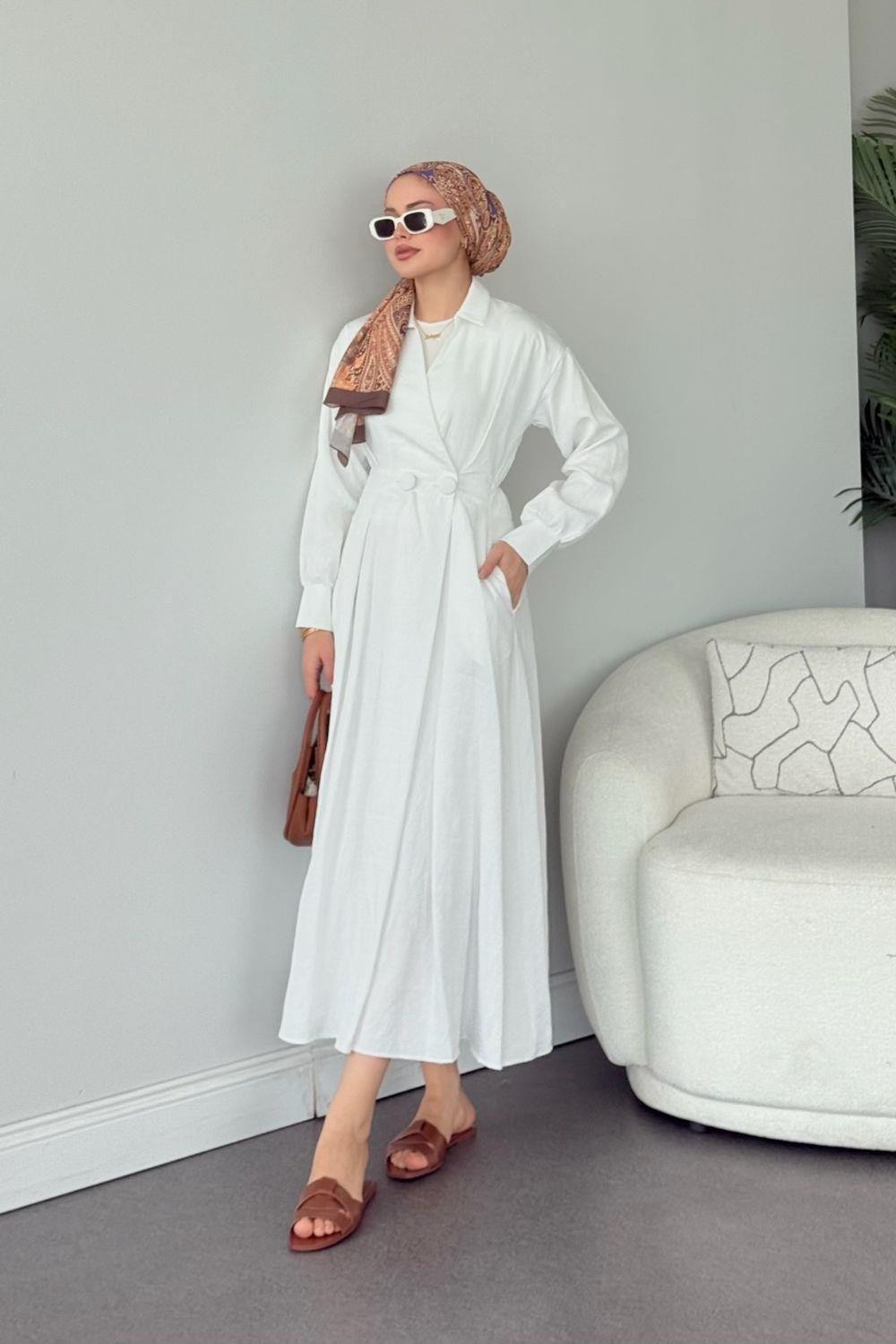 Elizabeth Düğmeli Elbise Beyaz 3069 