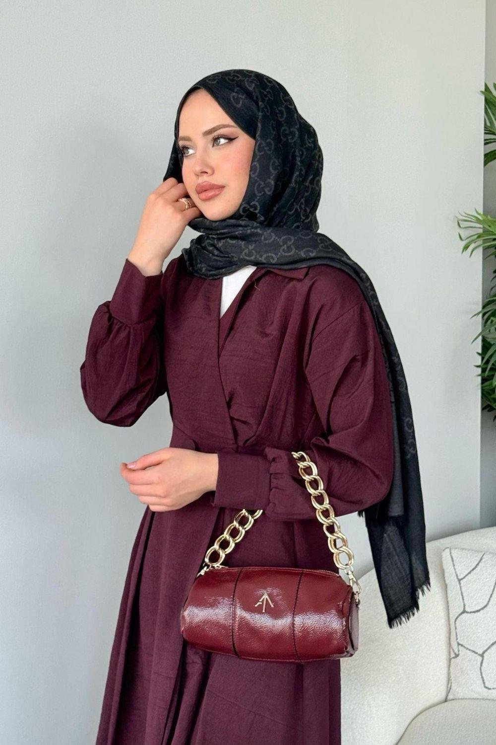 Elizabeth Düğmeli Elbise Bordo 3069 