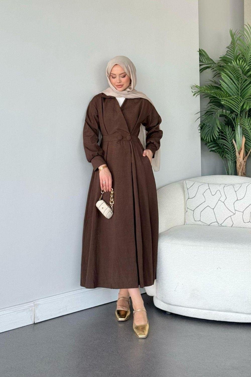 Elizabeth Düğmeli Elbise Kahverengi 3069 