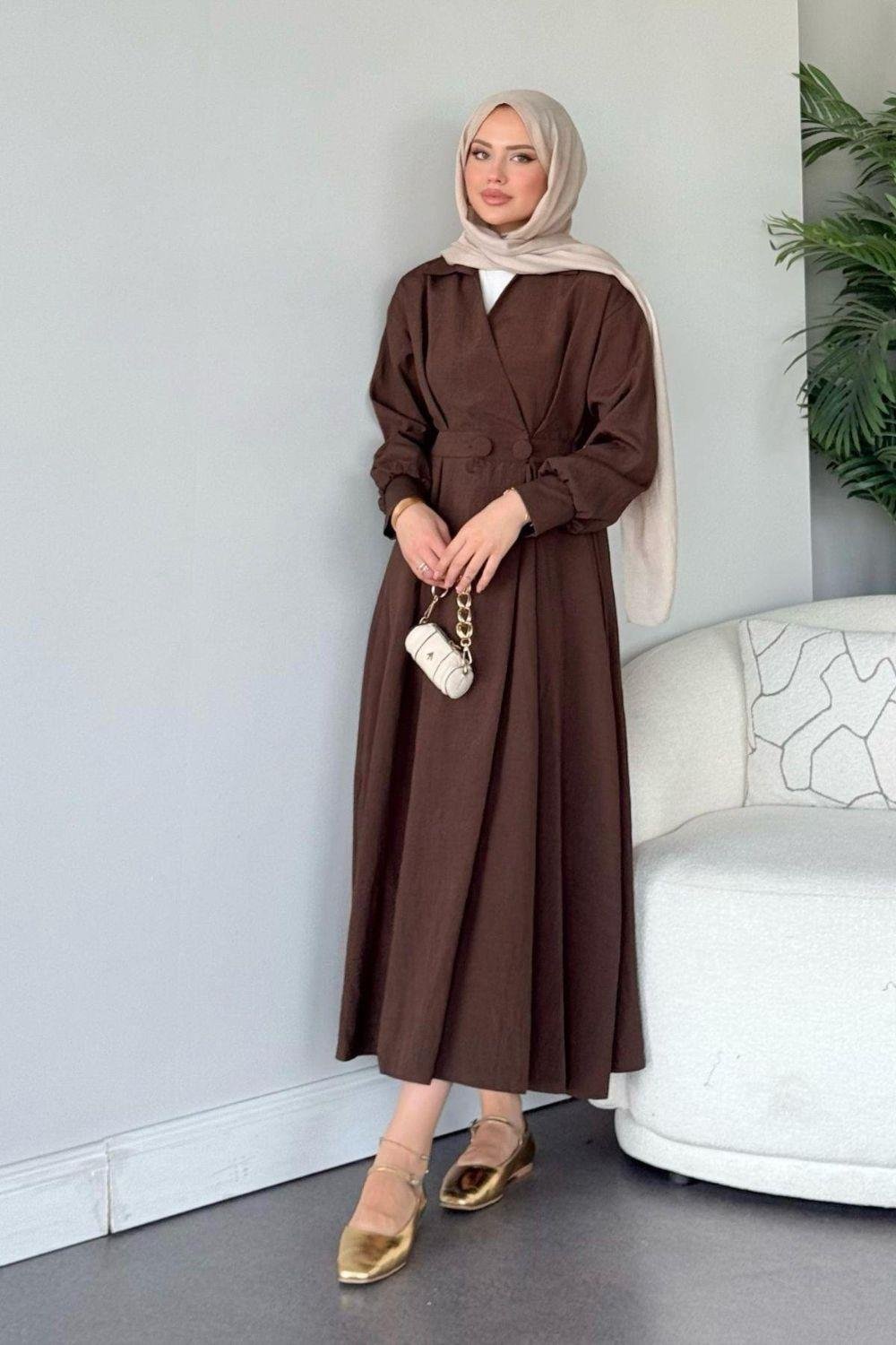 Elizabeth Düğmeli Elbise Kahverengi 3069 