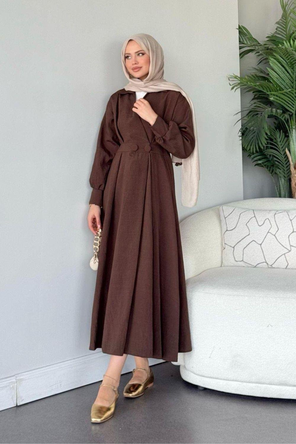 Elizabeth Düğmeli Elbise Kahverengi 3069 