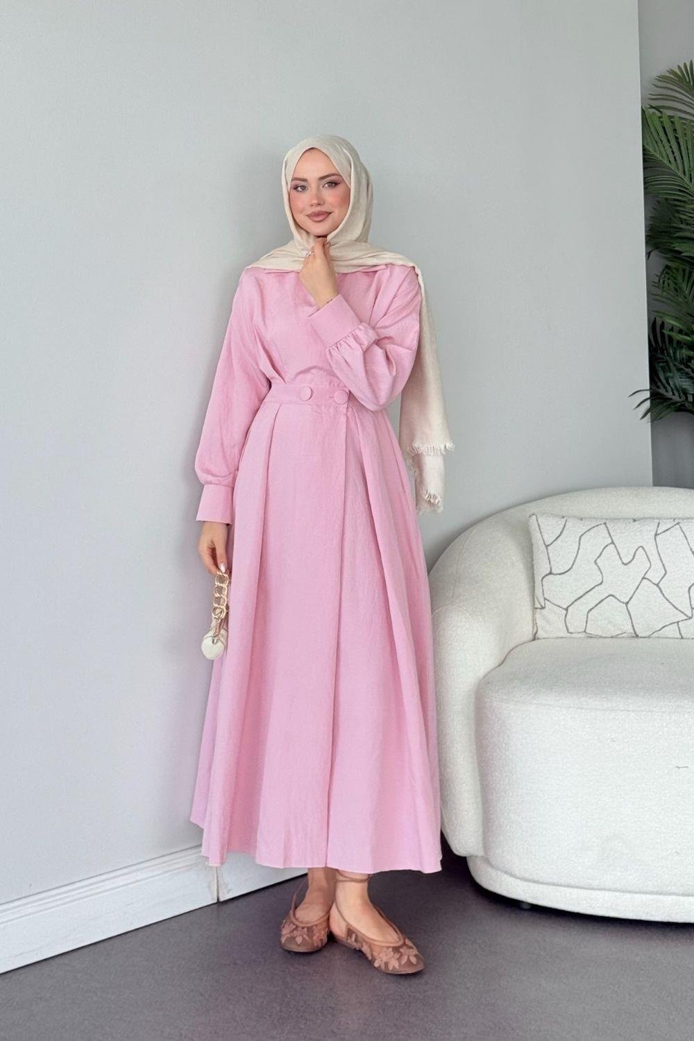 Elizabeth Düğmeli Elbise Pembe 3069 