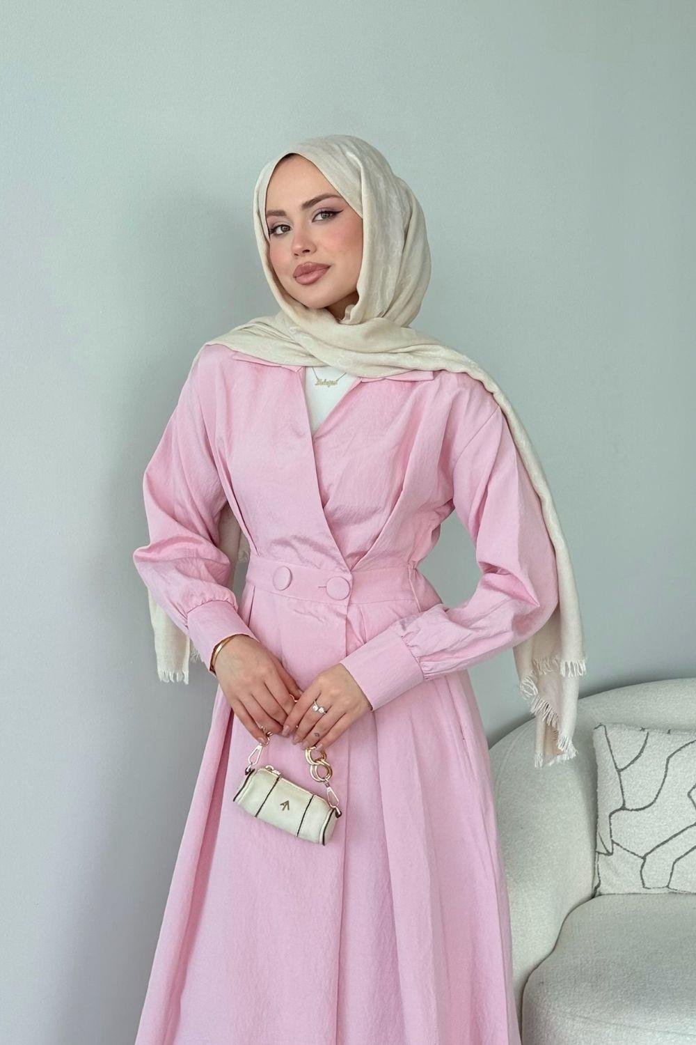 Elizabeth Düğmeli Elbise Pembe 3069 