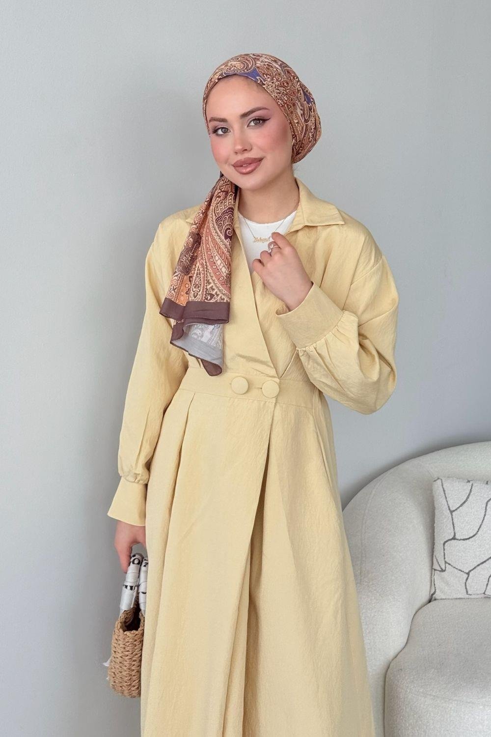 Elizabeth Düğmeli Elbise Sarı 3069 