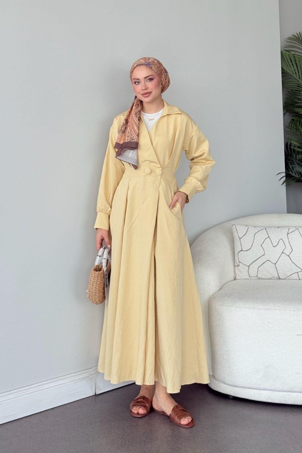 Elizabeth Düğmeli Elbise Sarı 3069 